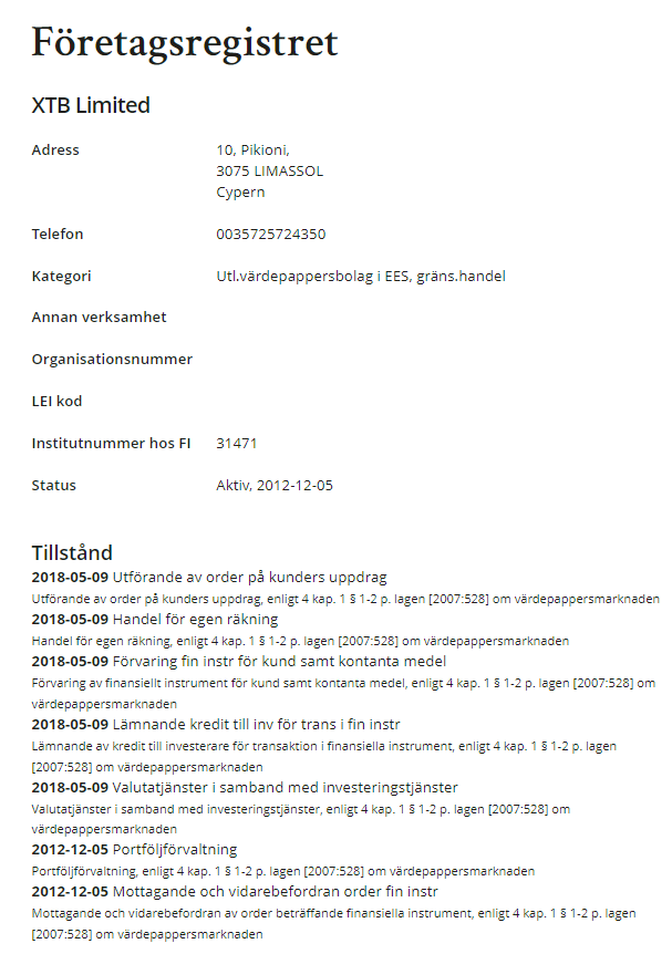 XTB licens