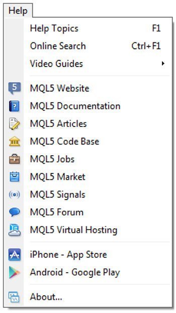 Bild 9: MT4 Help Menu (Hjälpmenyn)