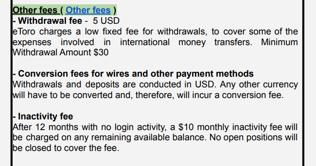 eToro other fees